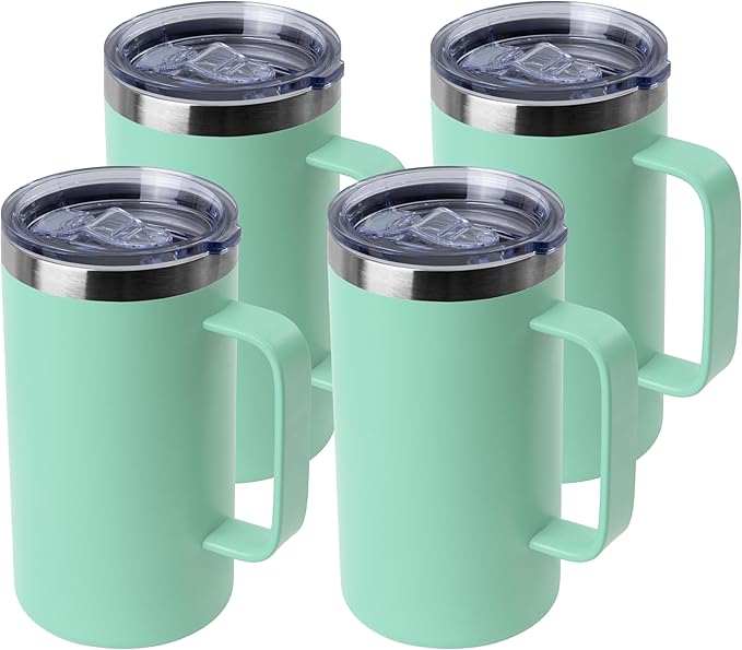 DOMICARE 24oz Mug with Handle and Lid, Stainless Steel Coffee Mug, Travel Mug with Handle, Double Wall Vacuum Coffee Tumbler, Reusable Insulated Cup, Mint Green, Pack 4