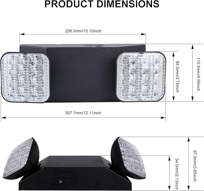 Qllite LED Emergency Light with Battery Backup, LED Commercial Emergency Lighting Fixtures Two Heads Adjustable, UL Listed, AC 120-347V, Energy Efficient for Business Schools Hospitals, Square Black