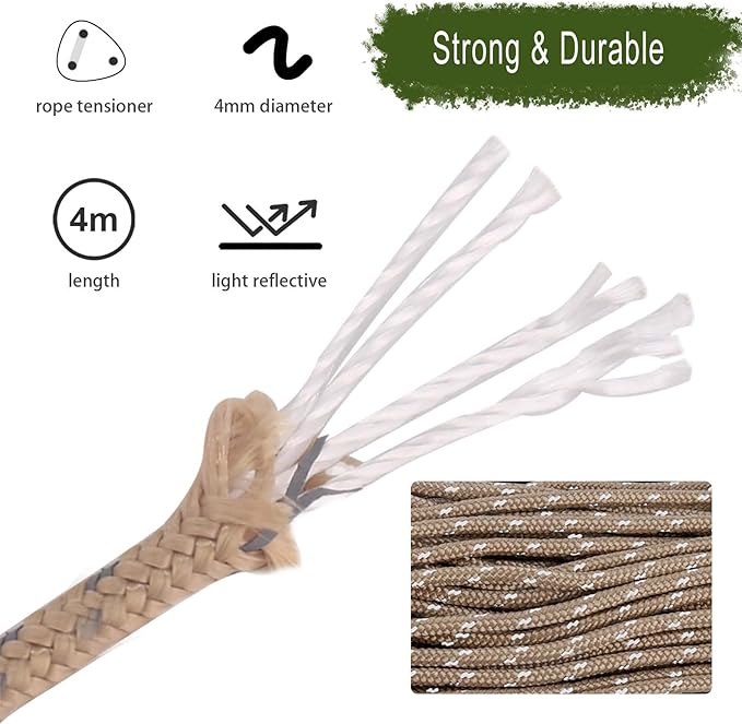 Hikeman 4 Pack Camping Rope with Locking Carabiner Clip,4mm Reflective Guy Lines with Triangular Guyline Adjuster Tensioner,Nylon Cord for Tent Tarp Tie Down,Hiking,Backpacking
