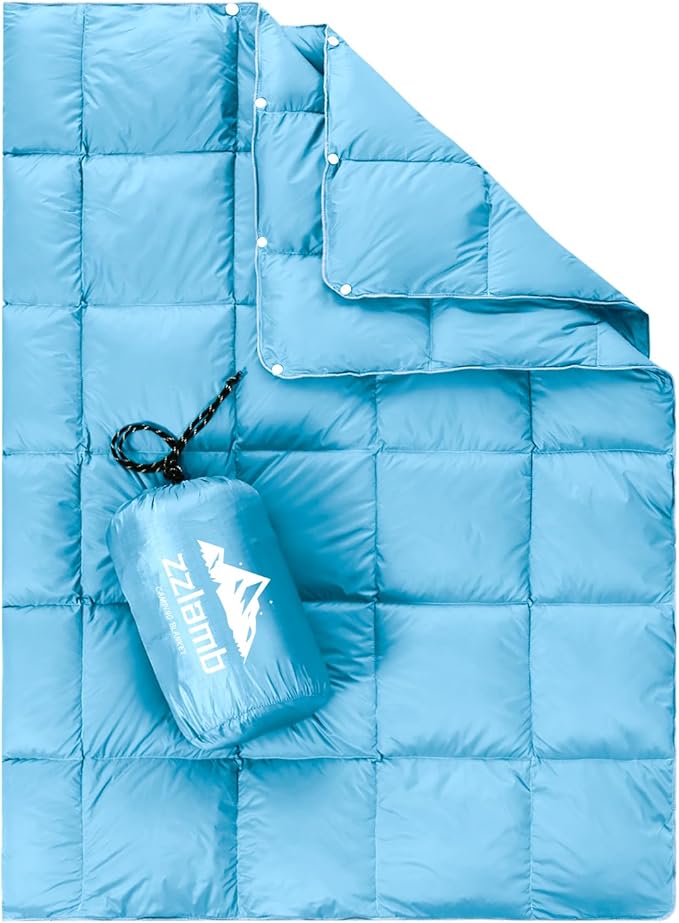 zzlamb Puffy Down Camping Blanket Water-Repellent, Down Throw Travel Blanket Portable for Outdoor, Light Warm Quilt for Couch Plane Car Theater Stadium Picnic RV Backpacking Hammock
