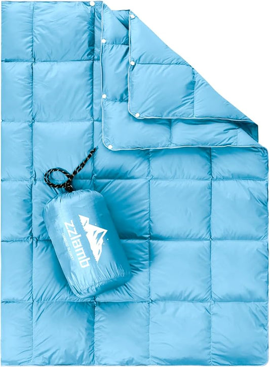 zzlamb Puffy Down Camping Blanket Water-Repellent, Down Throw Travel Blanket Portable for Outdoor, Light Warm Quilt for Couch Plane Car Theater Stadium Picnic RV Backpacking Hammock