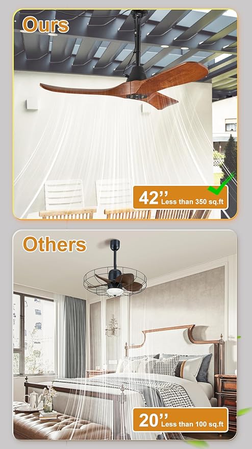 3 Blades Wood Outdoor Ceiling Fan for Patios, Farmhouse Rustic Ceiling Fans, 42" Plug-in Wet Rated Outdoor Gazebo Fan for Exterior House Porch Patio, Waterproof,F246