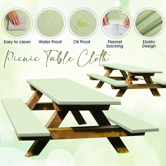Irenare 3 Pcs Picnic Table and Bench Fitted Tablecloth Cover for 6 Ft Table 30 x 72 Inch Vinyl Fitted Elastic Edges Waterproof Wipeable Tablecloth for Indoor Outdoor Picnics Patio Camping (Sage Green)