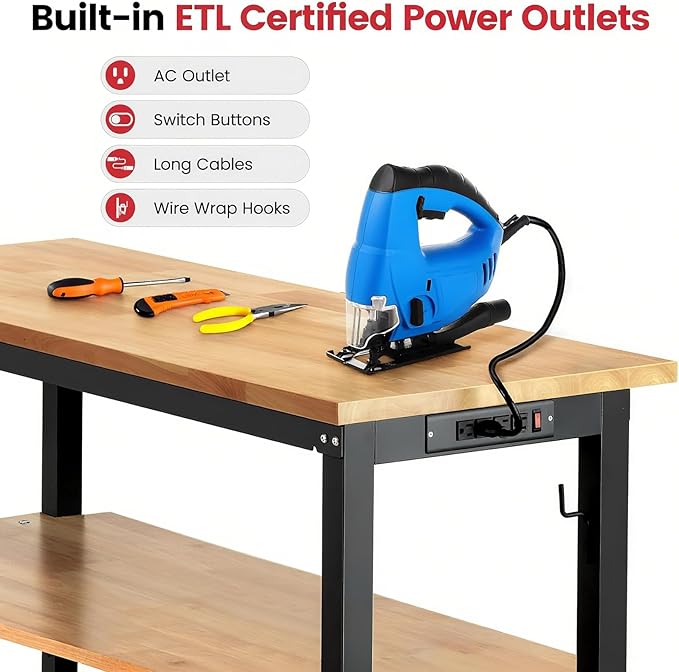 60 Inch Work Bench for Garage Adjustable Height Workbenches with Under Table Shelf Pegboard Pad Power Outlets Work Table for Woodworking, Home, Office, Workshop