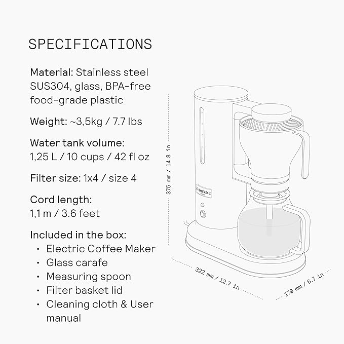 aarke Coffee Maker - Electric Drip Brewer with Automatic Drip-Stop, SCA-certified, Stainless Steel with 10 Cup/ 42 fl oz, Glass Carafe, Brews Full Pot in Under 6 Minutes