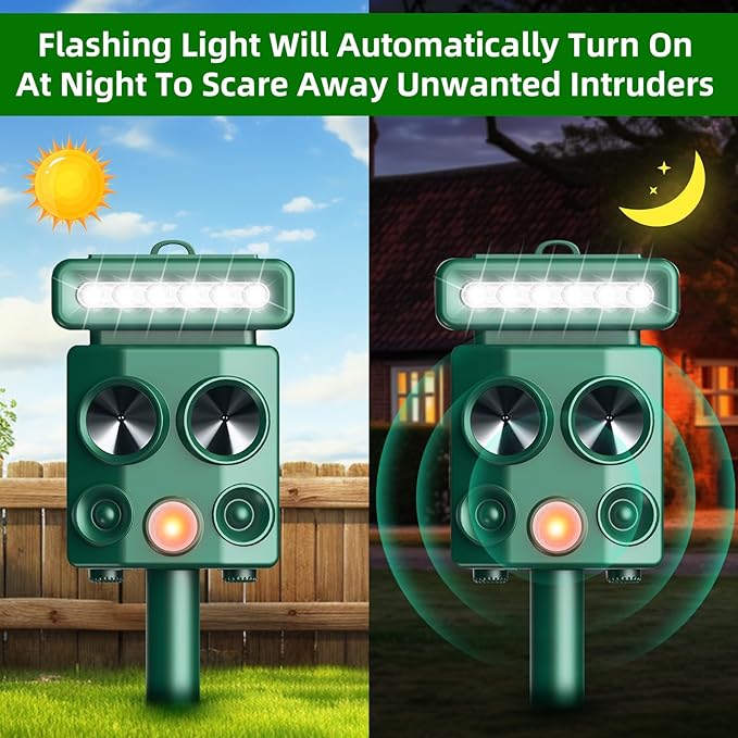 Solar Ultrasonic Animal Repeller with Motion Detection&LED Strobe Light, 2Pcs Deer Deterrent Devices Outdoor to Repel Dog Squirrel Rabbit Raccoon Repellent for Farm