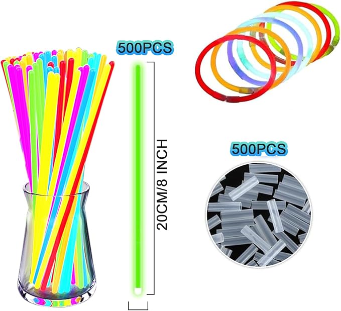 Glow Sticks, 500 Pack 8" Glow in The Dark Light Up Sticks with 500 Connectors for Festival Birthday Carnival Necklaces Bracelet (500PACK)