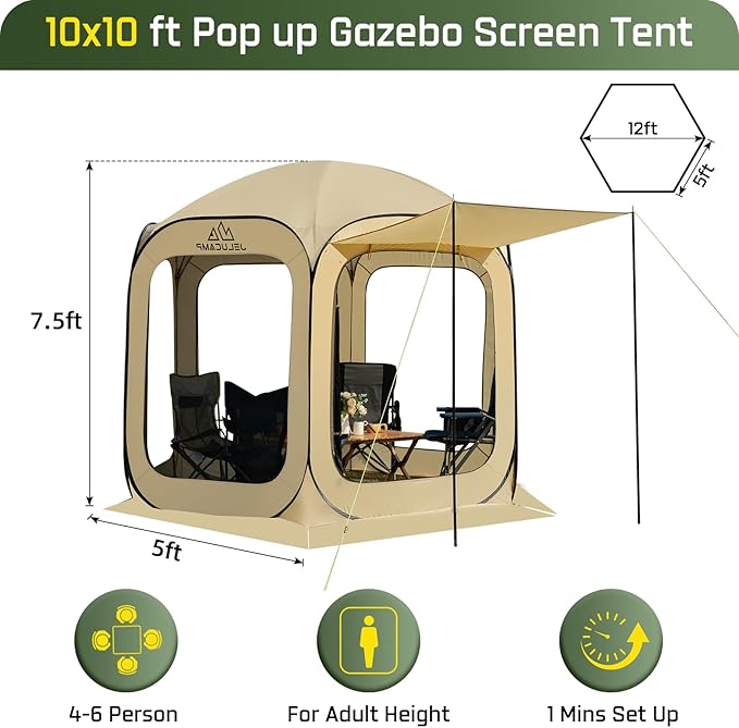 10x10 FT Pop Up Screen House Tent - Instant Screened Gazebo Canopy with Mosquito Net, Portable Backyard Tent for 4-6 People, Easy Setup Patio Shelter for Camping, BBQ, Sports & Outdoor