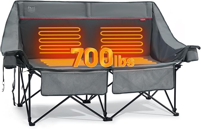 TIMBER RIDGE Heated Double Camping Chair, 700 lbs Heavy Duty Outdoor Folding Camp Couch, Oversized Comfort Loveseat Camping Chairs Perfect for Outdoor Sports, Camping, Lawn(Power Bank not Included)