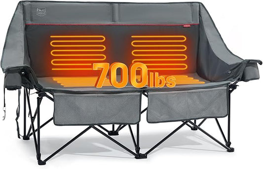 TIMBER RIDGE Heated Double Camping Chair, 700 lbs Heavy Duty Outdoor Folding Camp Couch, Oversized Comfort Loveseat Camping Chairs Perfect for Outdoor Sports, Camping, Lawn(Power Bank not Included)
