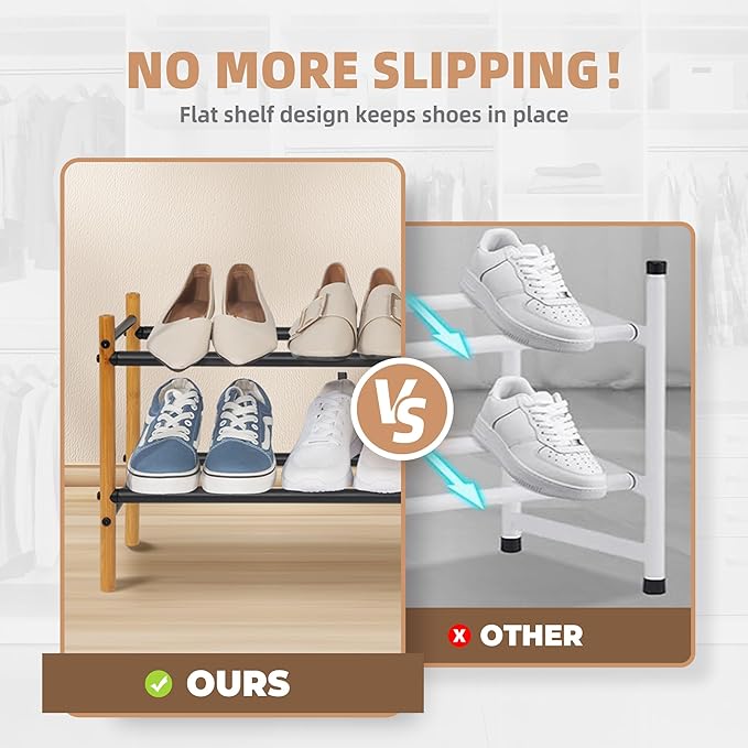 STORAGE MANIAC Expandable Shoe Rack, 8 Pairs Stackable Small Shoe Rack, Metal Adjustable Shoes Organizer for Closet, Entryway, Hallway, Garage, Front Door, Shoes Shelves, Bamboo 2 Tier