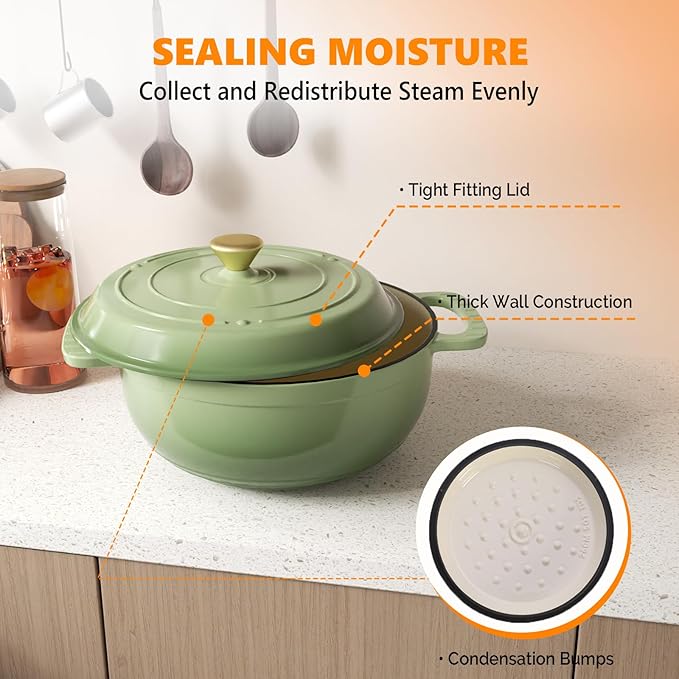 BONNLO 6QT Round Dutch Oven, Enameled Cast Iron Dutch Oven Pot with Lid & Dual Handles, Oven Safe Up to 500° F, for Sourdough, Bread Baking, Stews and Roasting (Sage)