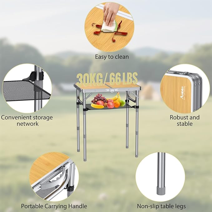 2ft Camping Table Foldable, 3 Adjustable Heights High 27.5" Aluminum Small Folding Table with Carrying Handle, Portable, for Outdoor Indoor Picnic Beach BBQ Party Travel, 24" x 16", Yellow