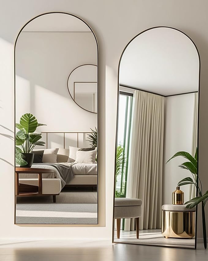 Arched Full Length Mirror, 71"x30", Oversized Standing or Hanging, Black Aluminum Frame