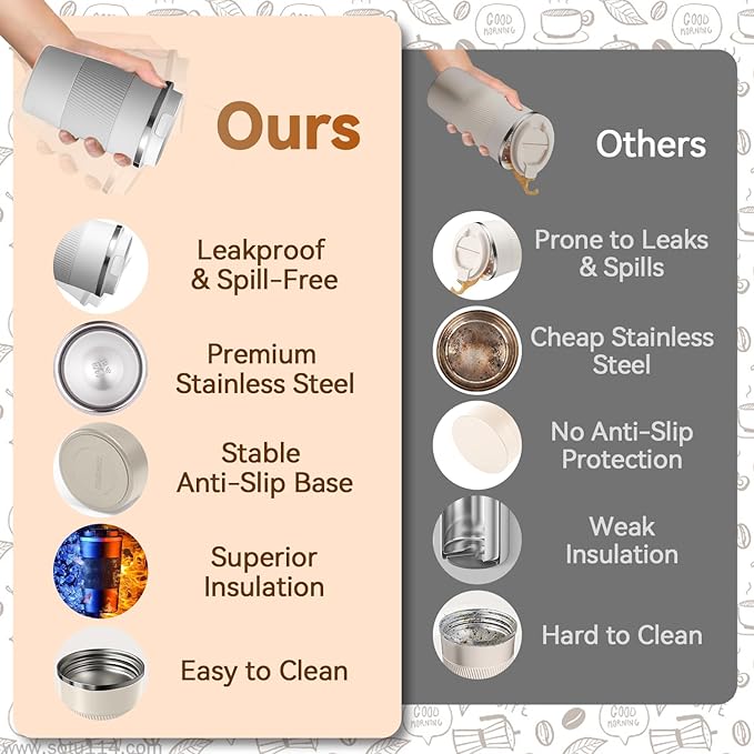 12OZ Travel Coffee Mug Insulated Coffee Cup with Spill Leak Proof Lid, Portable Stainless Steel Tumbler Reusable Hot and Cold Water Mug for Car, Daily, Camping- White