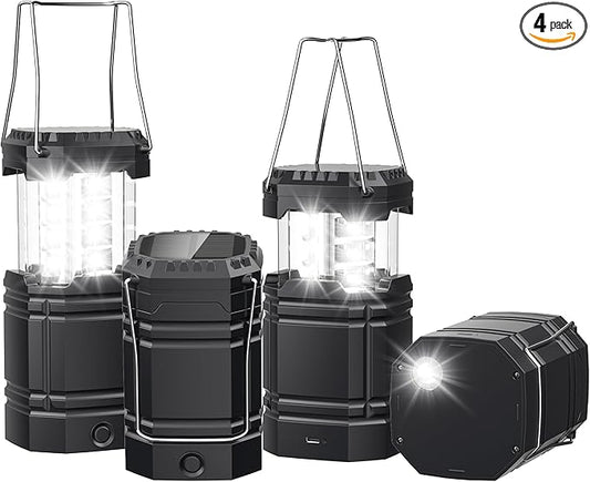 4 Pack Solar Camping Lantern with 1600mAh Rechargeable Battery, 30-Hour Runtime, 360° LED Tent Light & Super Bright Flashlight, Compact & Portable for Hiking, Emergency, Outdoor
