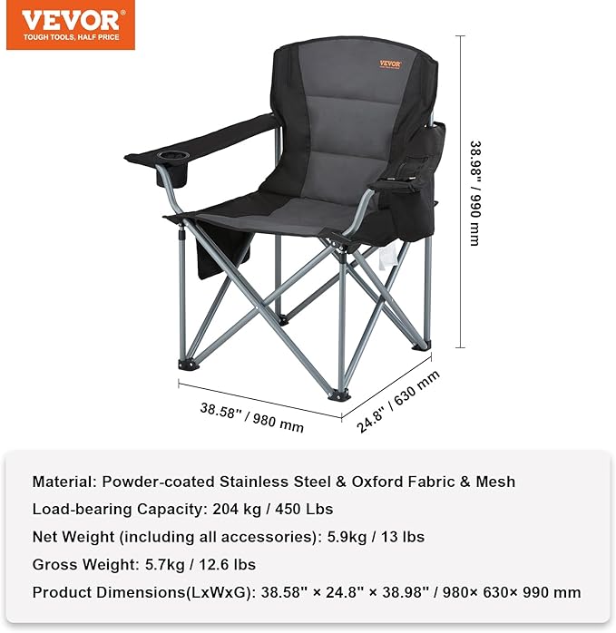 VEVOR Camping Folding Chair, Portable Heavy Duty Outdoor Quad Lumbar Back Padded with Side Pockets, Cup Holder and Cooler Bag for Beach, Lawn, Picnic, Fishing, Backpacking, Black