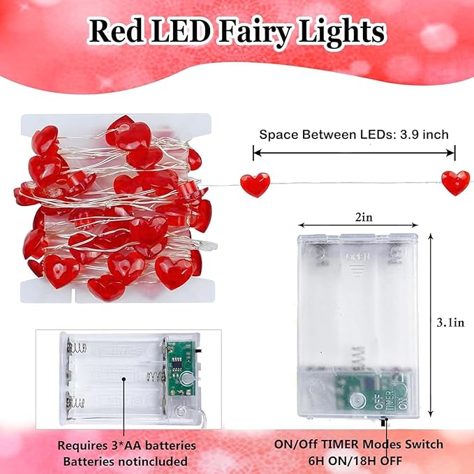 10FT Red Heart Fairy Lights Battery Operated with Timer for Mothers Day Decoration, LED String Lights Indoor Outdoor Waterproof Twinkle Lights for Christmas Proposal Anniversary Valentines Party Decor