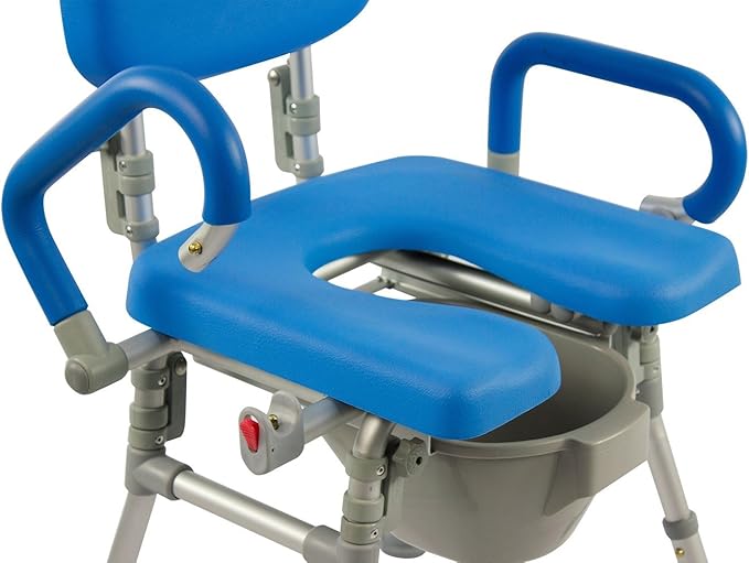 Platinum Health UltraCommode™ Foldable Commode and Shower Chair, Soft, Warm, Portable XL Toilet Seat with Open Front, Padded Pivoting Armrests, Adjustable Height, Includes Free Commode Pail, Blue