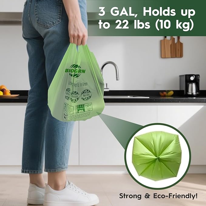 2.6-3 Gallon Compostable Trash Bags with Handles 80 Count 0.67 Mil 11.36 L Small Kitchen Food Scrap Waste Compost Bag ASTM D6400 US BPI and OK Compost Home Certified