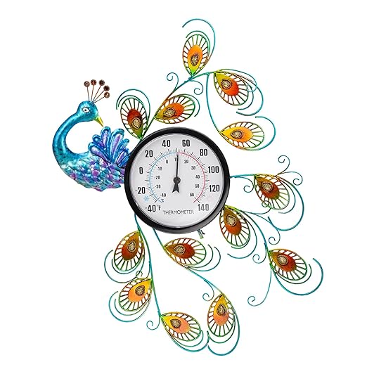 23 inch Outdoor Thermometer, Large Thermometer Outdoor Waterproof, Peacock Decorative Outdoor Thermometers, Outside Thermometer for Patio, Garden, Backyard, Living Room