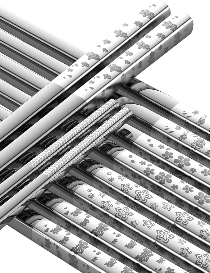 Metal Chopsticks Reusable 18/8 stainless steel Chopsticks 5 Pairs Classic Floral Dishwasher Safe Lightweight Non-Slip Chop Sticks 9 1/4 Inches Present Set