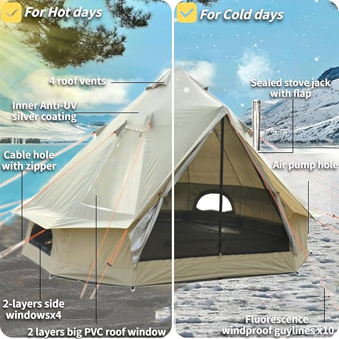 DANCHEL OUTDOOR B2I Inflatable Camping Tent 9.8ft, No Center Pole Lightweight Blow Up Bell Tent with Stove Jack, Skylight, Pump, Waterproof 300D Oxford Glamping Yurt for 1-3 Person Family