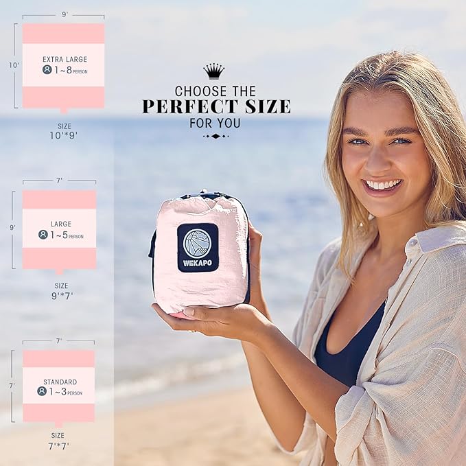 WEKAPO Beach Blanket Sandproof Waterproof, Extra Large Beach Mat, Oversized & Compact Sand Free Mat Quick Drying, Lightweight & Durable with 6 Stakes & 4 Corner Pockets