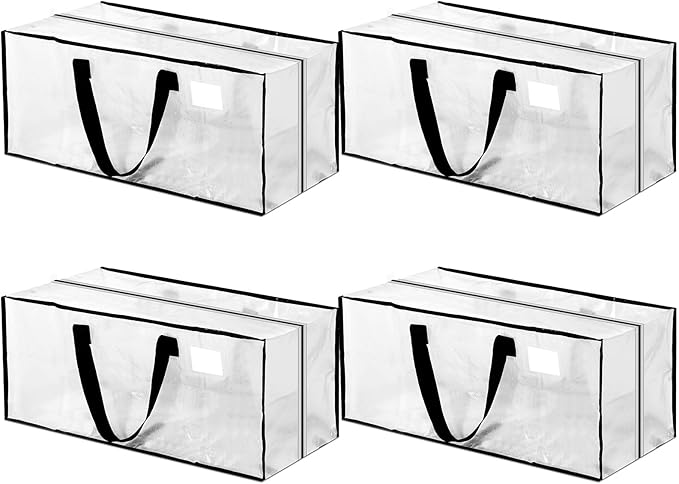 4 Pcs 24 Gallon Large Moving Bags with Zipper and Handles Foldable Storage Duffle Bags Heavy Duty Extra Large Totes for College Dorm Travel Clothes Blankets Bedding Moving (Clear)