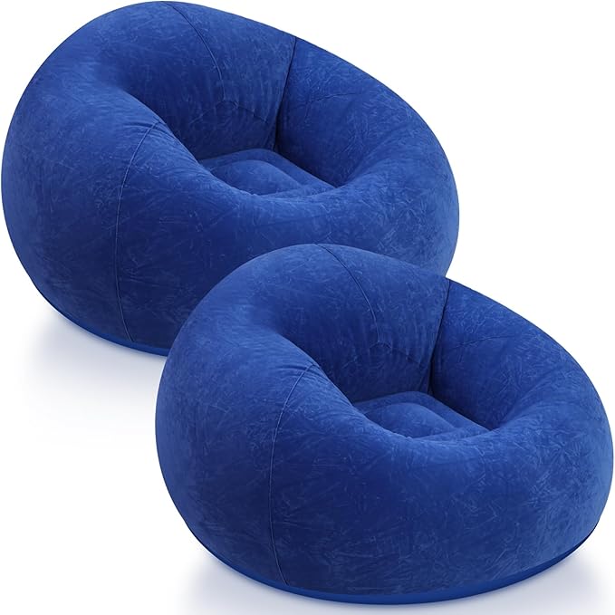 Realspring Inflatable Bean Bag Chairs Outdoor Blow up Camping Chairs Inflatable Lazy Sofa Folding Portable Bean Bag Loungers Couch for Movie Night(Dark Blue,2 Pcs)