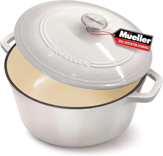 MÜELLERHOME 7.5 QT Enameled Cast Iron Dutch Oven, Heavy-Duty Casserole Dish and Braiser Pan with Lid and Stainless Knob, Oven-Safe up to 500° F & Across All Cooktops, Oyster White
