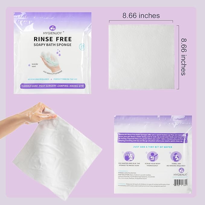 HYGIENJOY-Rinse Free Bath Sponges for Adults-Disposable No Rinse Bathing Wipes, Soap Infused,Extra Thick and Dry Shower Wipes for Elderly,Camping,Post Surgery Must Haves, (Lavender 3 Pack,75 Counts)