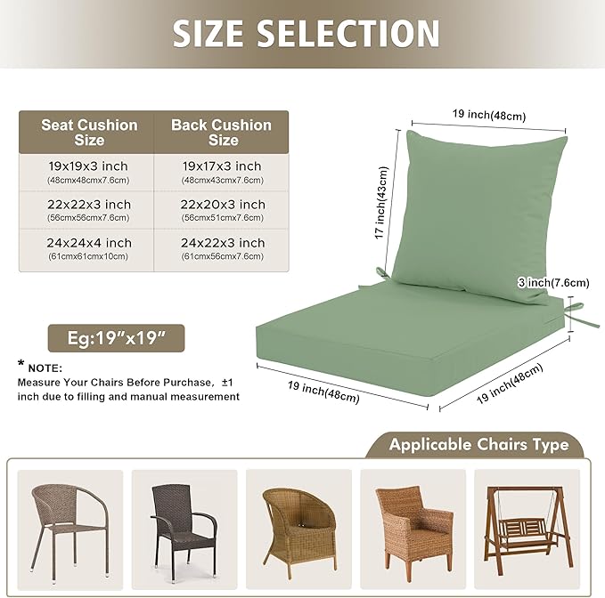 Outdoor Cushions for Patio Furniture, Waterproof Outdoor Chair Cushion w/Fade-Resistant, Removable & Machine-Washable Cover, 22x22 Inch, Deep Seat Sofa/Couch Pads Replacement, Sage Green