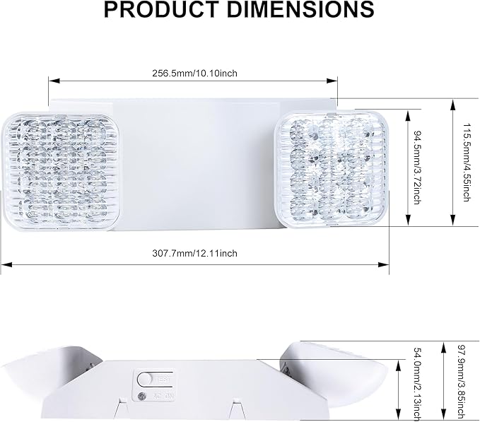 Qllite LED Emergency Light with Battery Backup, LED Commercial Emergency Lighting Fixtures Two Heads Adjustable, UL Listed, AC 120-347V, Energy Efficient for Business Schools Hospitals, Square Ivory