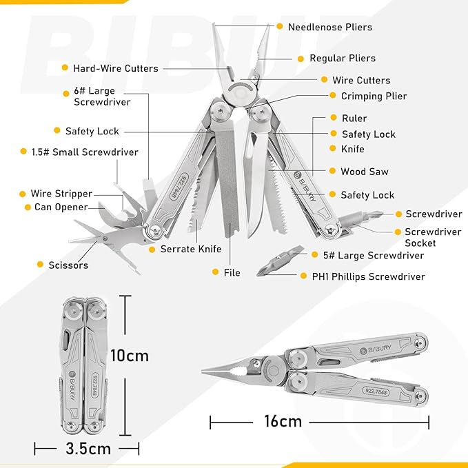 BIBURY Multitool BI2038A, 19-in-1 Stainless Steel Multi Tool with Fold-able Pliers, Screwdriver Sleeve, Scissors, Pocket Knife, Nylon Sheath, Muti-tool for Camping Survival Hiking Hunting Repairing