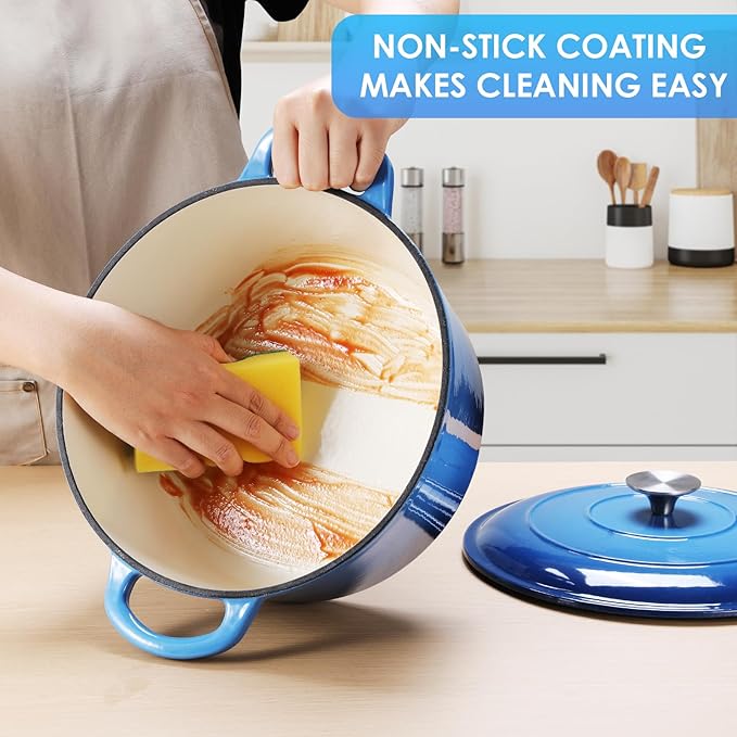 LIFERUN 6 Qt Enameled Cast Iron Dutch Oven Pot with Lid，Oven Safe up to 500° F, Non-Stick Dutch Oven with Dual Handles for Bread Baking, Fry Foods, Braising, Stews, Roasting (Blue)