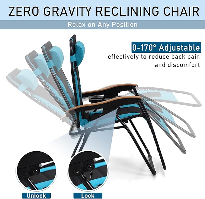 PHI VILLA XXL Oversized Padded Zero Gravity Chair, Foldable Patio Recliner, 30" Wide Seat Anti Gravity Lounger with Cup Holder, Support 400 LBS (Aqua)