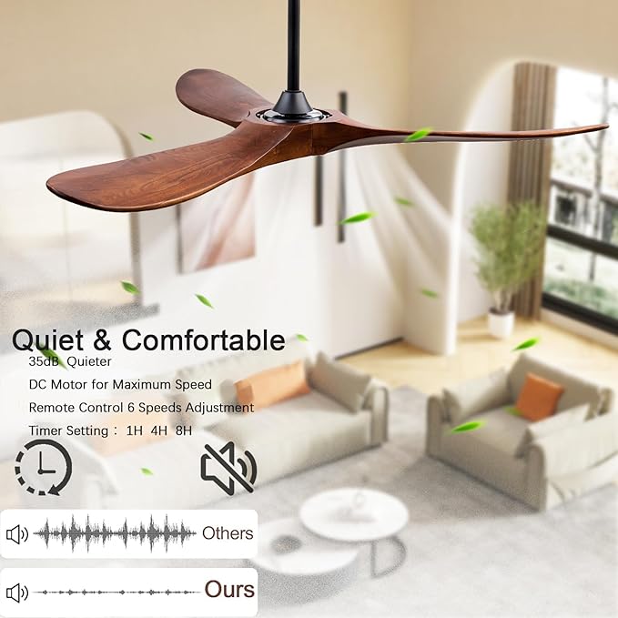 60" Wood Ceiling Fans with Lights and Remote Control,Indoor Outdoor 3 Blades Wooden Ceiling Fan for Garage,Patio,Living Rooms,Bedrooms,Offices,Farmhouse(Black+Dark Walnut)