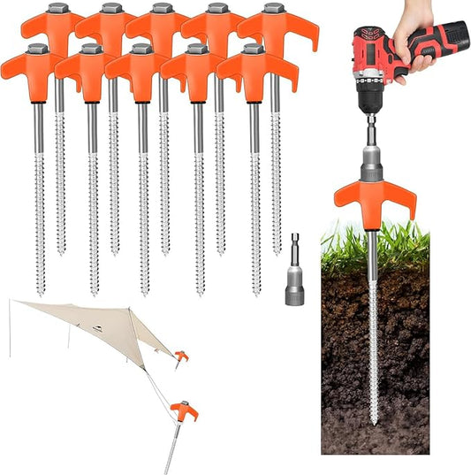 8" Screw in Tent Stakes Heavy Duty, Ground Anchors Screw in, Metal Threaded Tent Spikes, Camping Pegs for Canopies & Gardening Inflatable Decor (20 PCS Orange)