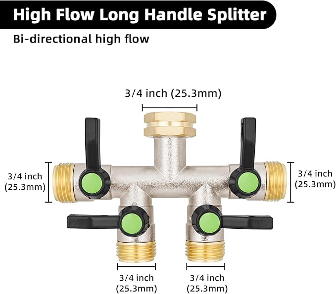 EJW 4 Way Garden Hose Splitter, Heavy Duty Garden Hose Splitter, High Flow Garden Hose Splitters, Fitting 3/4” Brass Outdoor Hose Splitter, Garden Hose Adapter Connector,Water Hose Splitter.