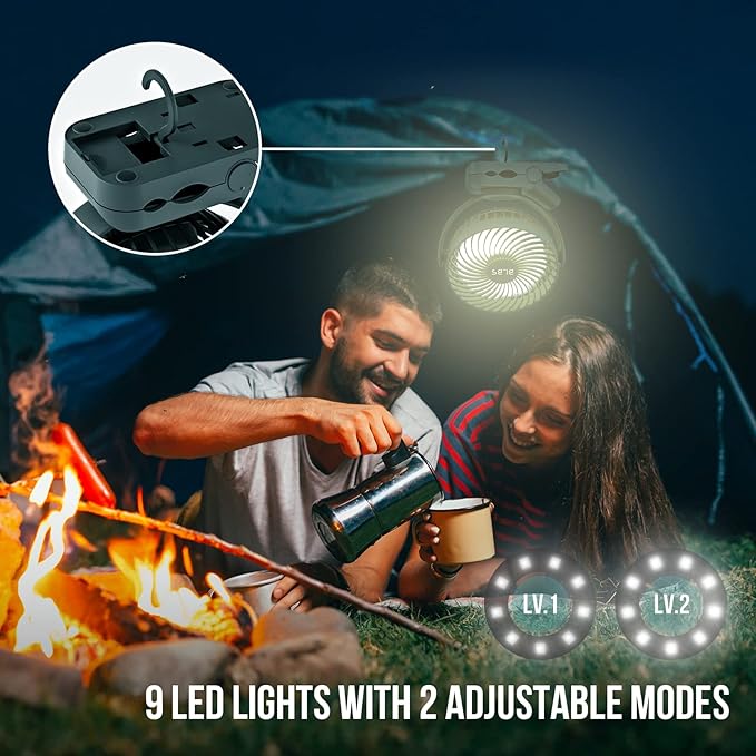 Rechargeable Camping Fan - 65H 12000mAh With Output Ports, Hanging Hook, 360 Head Rotation for Tents, Camp, Green