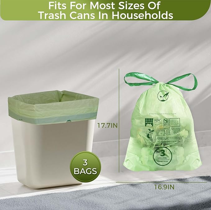 3 Gallon Compostable Trash Bags Drawstring, Heavy Duty Extra Thick 1 Mil, 11.36 Liter, 50 Bags, Small Kitchen Food Scrap Waste Bag, ASTM D6400, US BPI and OK Compost Home Certified