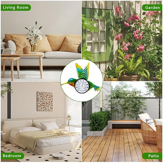 Hummingbird Outdoor Thermometer, 17" Indoor Thermometers with Large Number, Metal Wall Thermometer No Need Battery for Patio Room