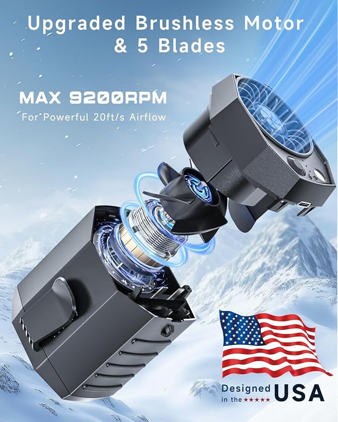 2025 Smart Portable Rechargeable Fan with LED Light & 25H Runtime, 4-Speed 9200RPM Turbo Cooling Personal Waist Fan, Wearable Neck & Belt Clip for Camping, Outdoor, Hiking - Black with Bracket