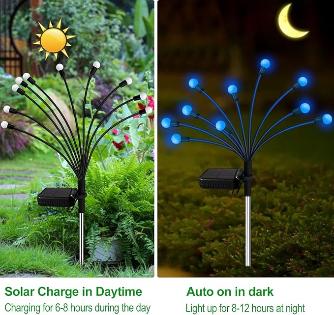 Kohlrabi Solar Garden Lights Outdoor, 4 Pack 40 LED Solar Blue Firefly Lights Waterproof, Starburst Wind Swaying Light for Outside Yard Patio Planter Flower Bed Walkway Christmas Decoration