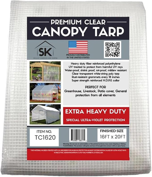 16 Mil Clear Poly Heavy Duty Tarp with Fiber Reinforcement - True Size Tarps with UV Protection, Tear Resistance, Flexibility, Reinforced Corners 16x20