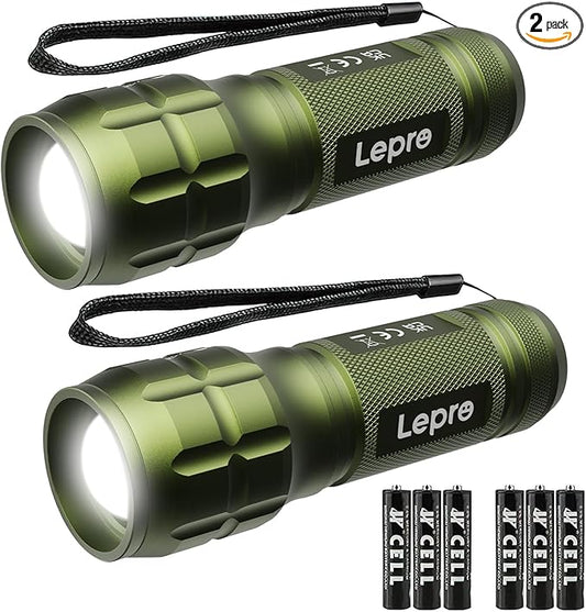Lighting EVER LED Flashlights High Lumens, Small Flashlight, Waterproof, Adjustable Focus Flash Light for Outdoor, Emergency, Camping, AAA Batteries Included, 2 Pack