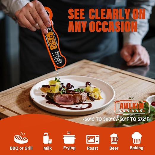 AWLKIM® Meat Thermometer Digital - Fast Instant Read Thermometer for Cooking, Grilling, Candy Making, IP67 Waterproof with Backlight,Christmas Stocking Stuffers Gifts for Men, Dad, Husband - Orange