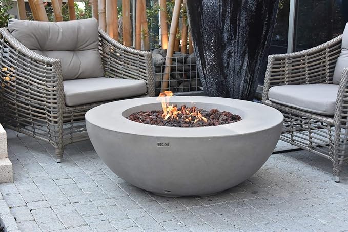 Elementi Lunar Bowl Fire Pit Bundle Outdoor Firepit Set Includes 42” Natural Gas Concrete Firepit Bowl, Glass Windscreen, Stainless Steel Cover, Canvas Cover, Lava Rocks
