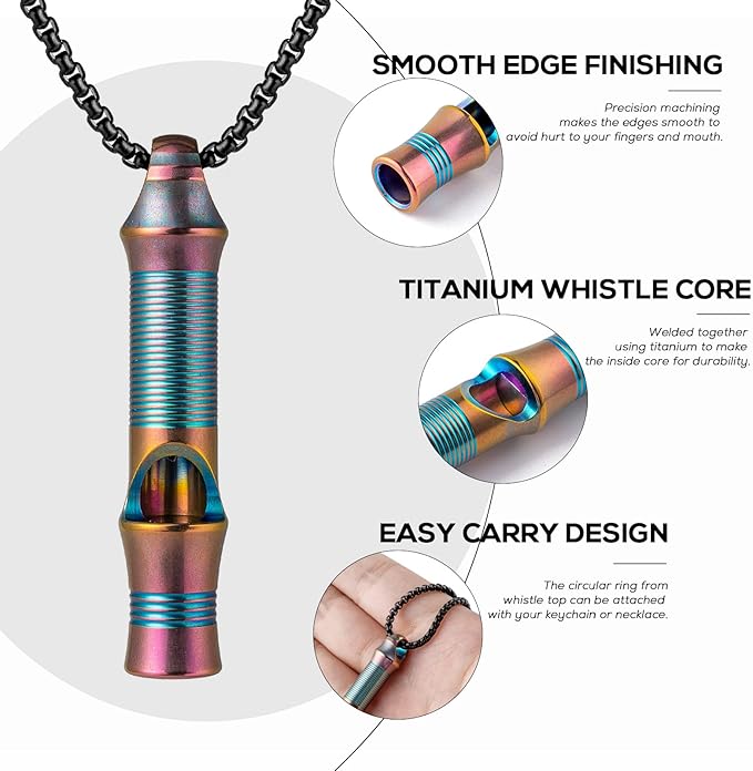 TISUR Titanium Emergency Whistle,EDC Safety Whistles Necklace Loud up to 120db,Survival Whistles for Survival,Hiking,Camping,Pets Training